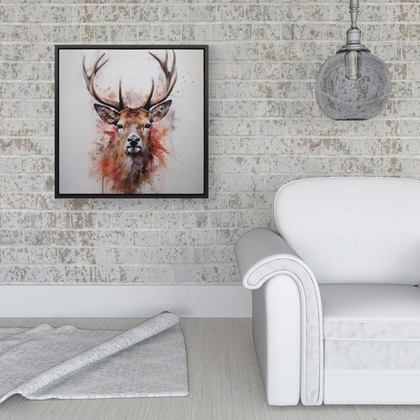 Warren Reed Watercolour Splash Art Stag Face Framed Canvas