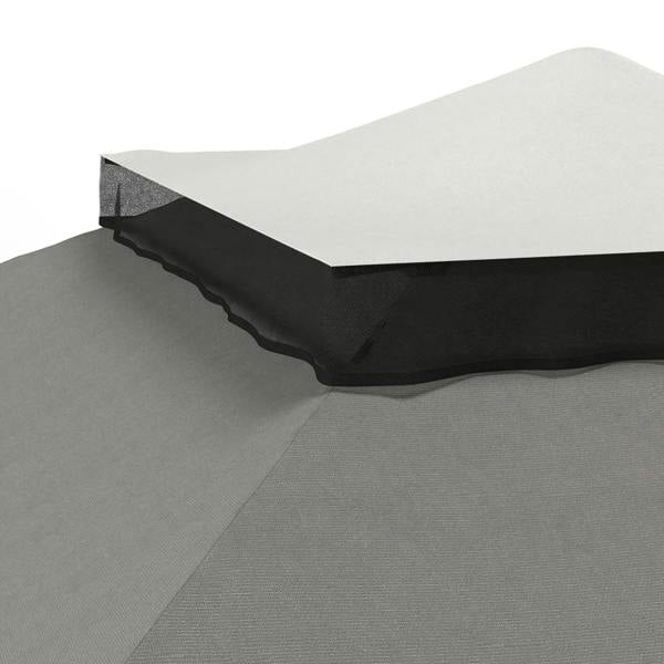 Close-up of dark grey pop-up canopy tent roof edge and mesh wall corner