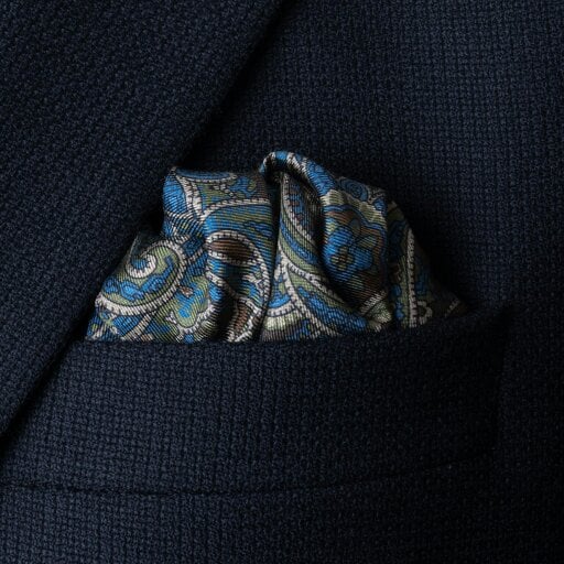 Otway & Orford 'Cypress' paisley silk pocket square in gold, brown, blue & green (42 x 42cm)