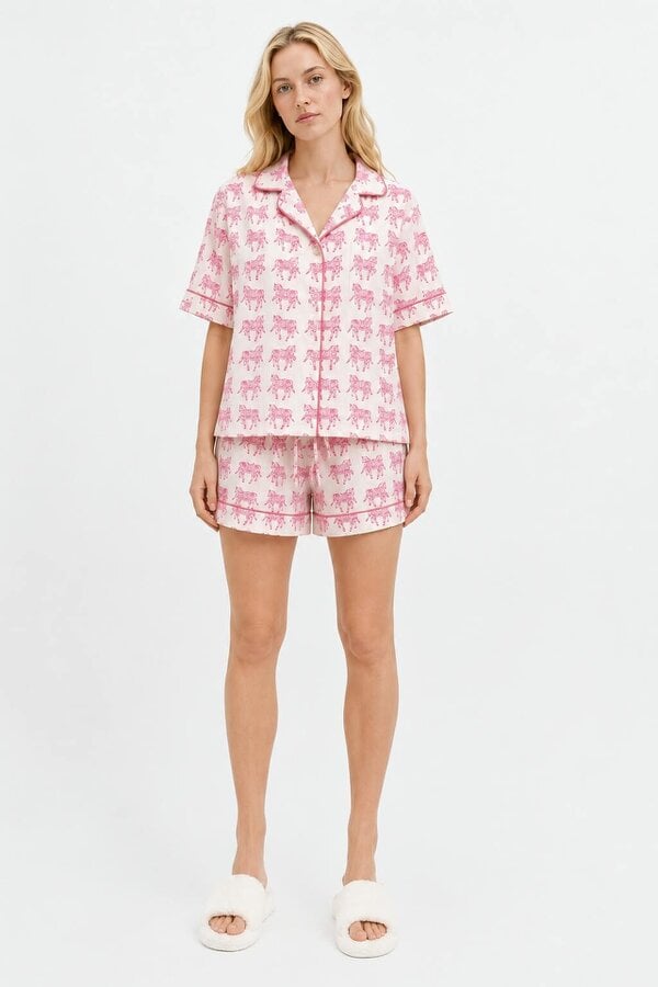 Soul Of Sita Delicate Woodblock Horse Print Short Sleeve, Short Trouser Pyjamas in soft pinks