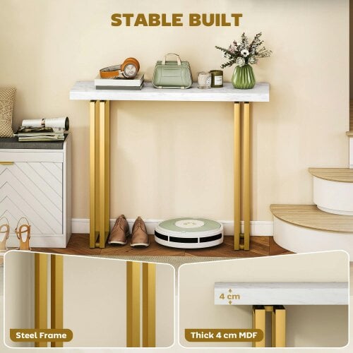 Wyld Haus Mahota Metal And Faux Marble White Slim Entryway Console Table With Safety Bracing