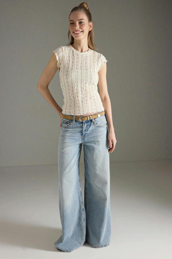 Lace Detail Fitted Moon Sleeve Knit Blouse