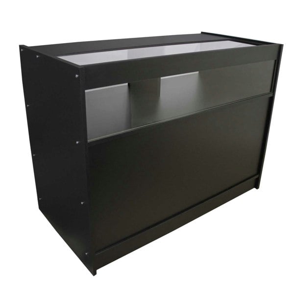 B1200 retail shop counter in sleek black finish, featuring a spacious top surface, open display area, and sturdy construction