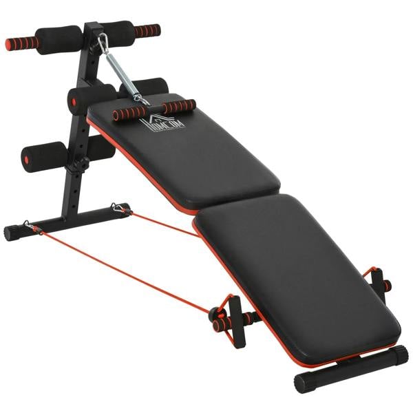 Adjustable black sit-up workout bench with padded thigh supports and arm pull rope