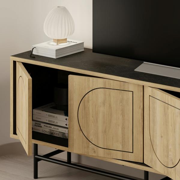 Decortie Modern TV Stand & Cabinet with 4 Doors, Laser-Cut Design, Fits up to 58-Inch TVs, Soft-Close Metal Legs, Oak-Moss Green