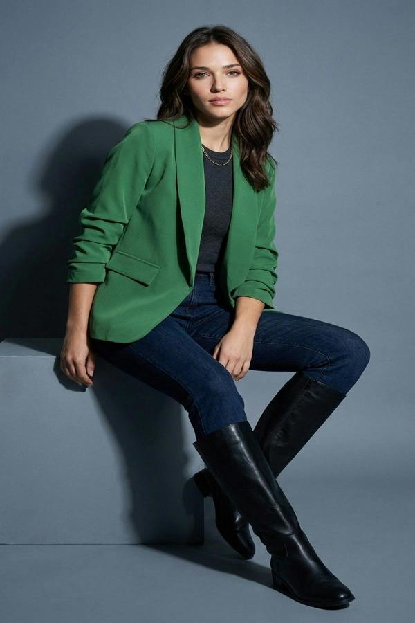 Valerie Ruched Sleeve Open Front Blazer Jacket With Front Pockets - Green