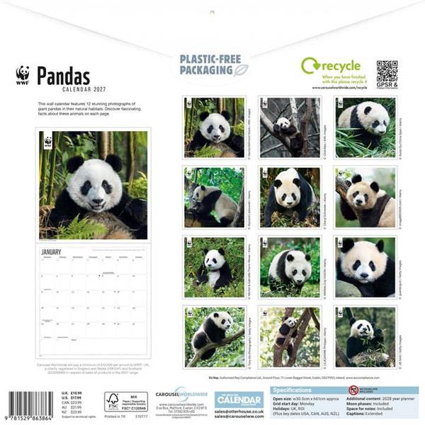 WWF, Pandas Calendar 2027, Wall Calendars, Month To View, Animals, Gift