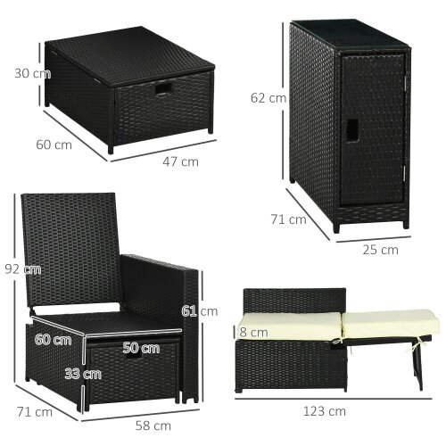 Wyld Haus Niludo Faux Rattan Black and Cream 5 Piece Adjustable Sun Lounger Set With Storage Table And Footstools