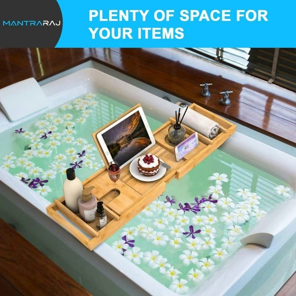 MANTRARAJ Bamboo Bath Tray Extendable Bath Caddy Trays for Bathtub Accessories with Tablet Slots Candle Cup Holder