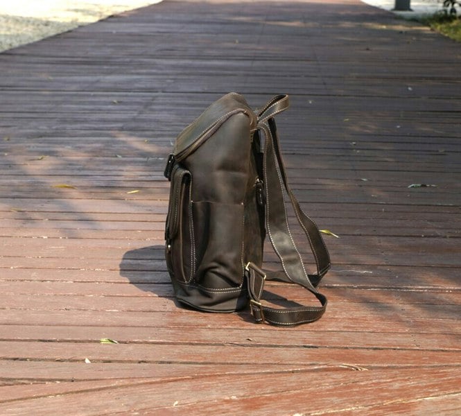 Touribag Top Open Leather Backpack With Front Straps Detail - Dark Brown