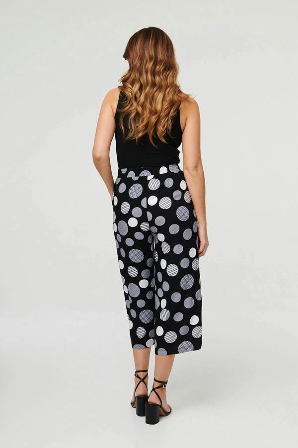 Black | Spotty Print Tie Waist Cropped Trousers