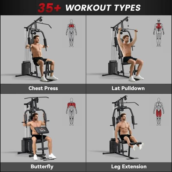 Black home gym machine demonstrating chest press, lat pulldown, butterfly, and leg extension