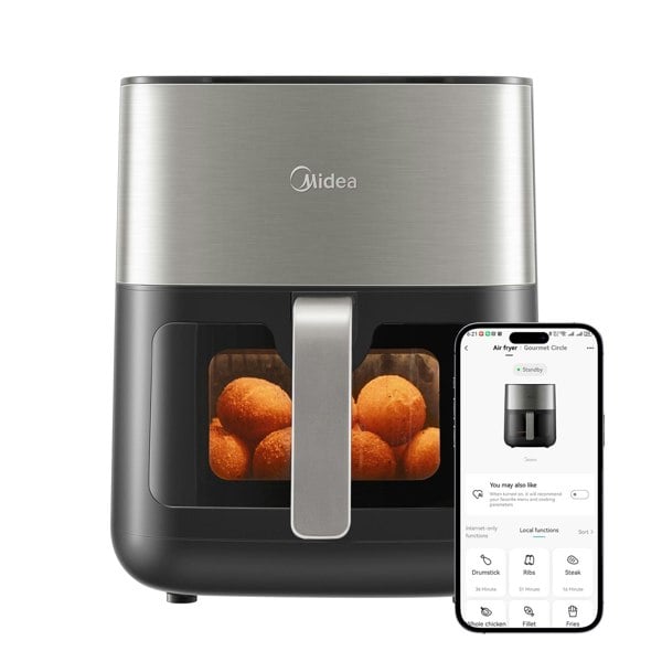 Midea 6.5L Digital Air Fryer with Wi-Fi, Dual Heating Tubes, 10-in-1 Functions, Max Crisp, Visible Window, LED Touch Control, Oil-Free Cooking