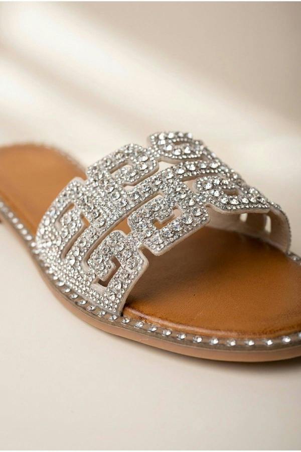 Pearl Geometric Rhinestone Embellished Sliders - Silver