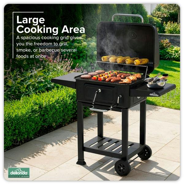 Dellonda Charcoal Grill BBQ Smoker & Trolley with 2 Side Shelves, Black - DG283
