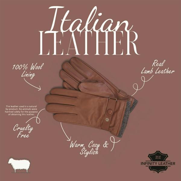 Infinity Leather Men’s Italian Leather Warm Wool Lining Winter Knit Rib Gloves - M-LGV-105