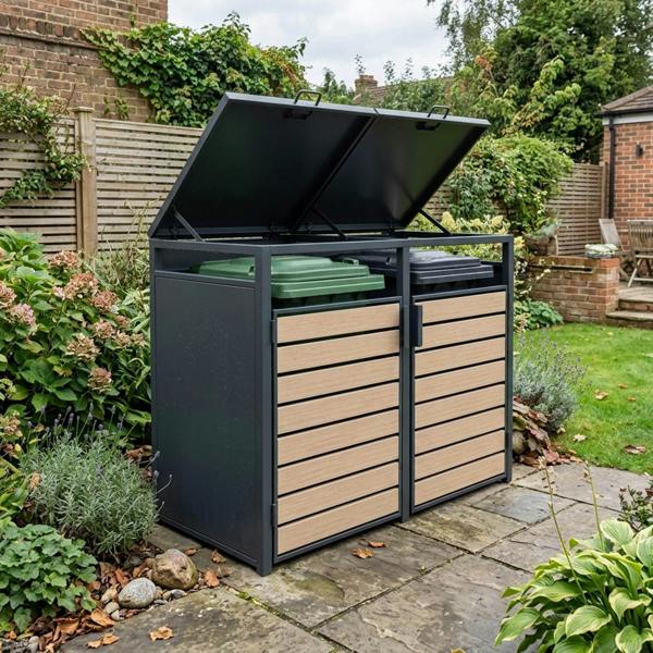 Nicoman Outdoor Metal Garbage Bin Shed with Wood Effect Doors