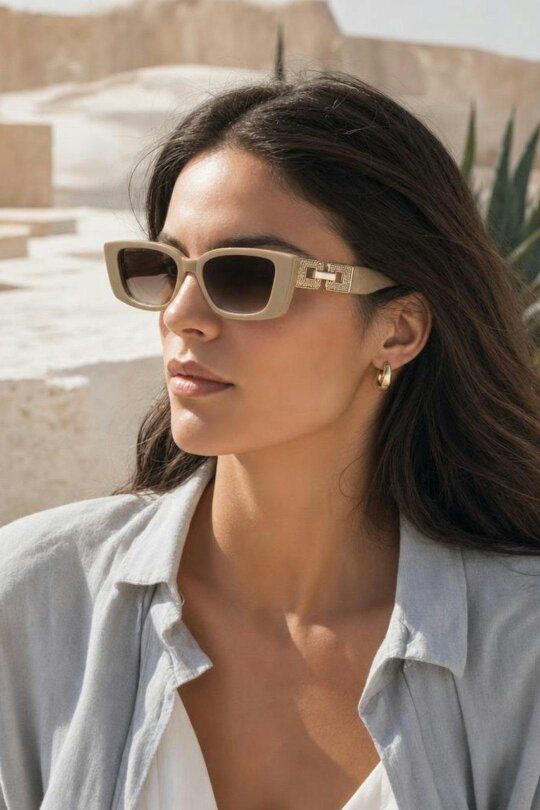 SVNX Rectangle Cateye Side Detail Sunglasses In Khaki