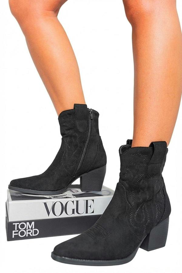 Laura Suede Cowboy Ankle Length Boots - Black_wb