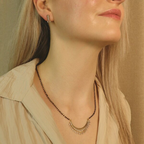 The Colourful Aura Indian Nazaria Gold Sunburst Zircon Mangalsutra Black Beads Pendant Necklace