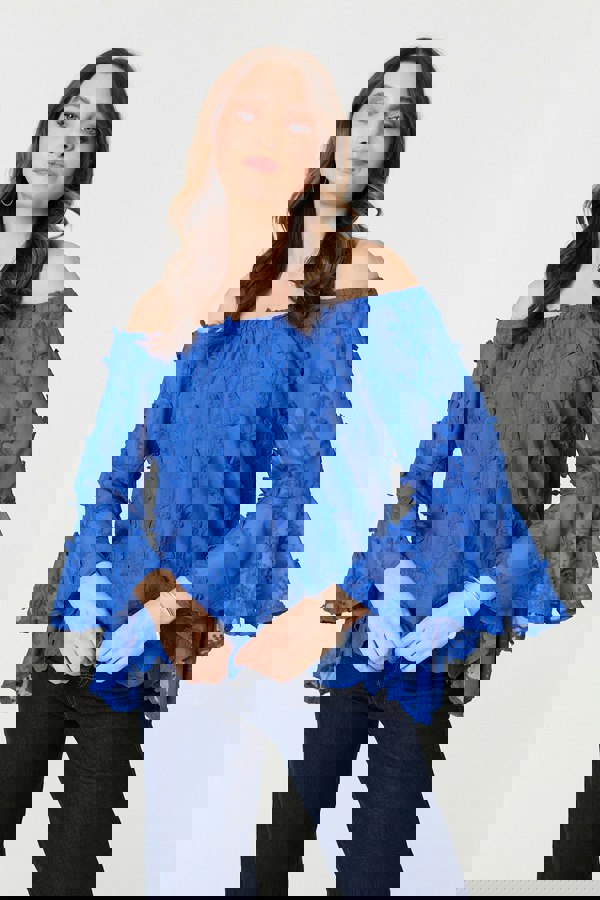 Blue | Textured Semi Sheer Bardot Blouse
