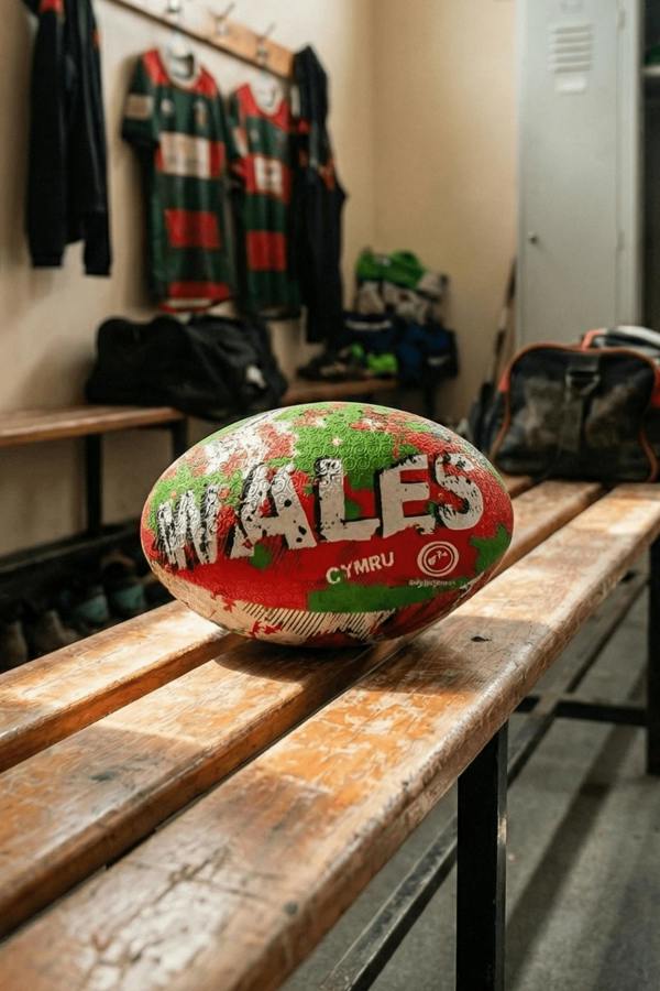 Red, green and white Optimum Wales rugby ball with WALES CYMRU print on a changing-room bench - Optimum