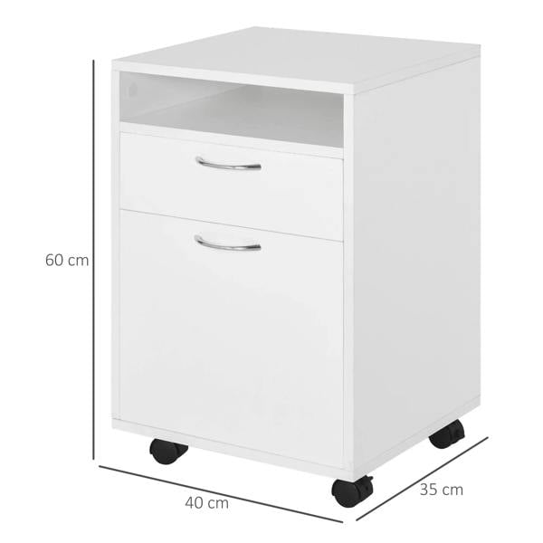 White filing cabinet on wheels with open top shelf, two drawers, metal handles, size view