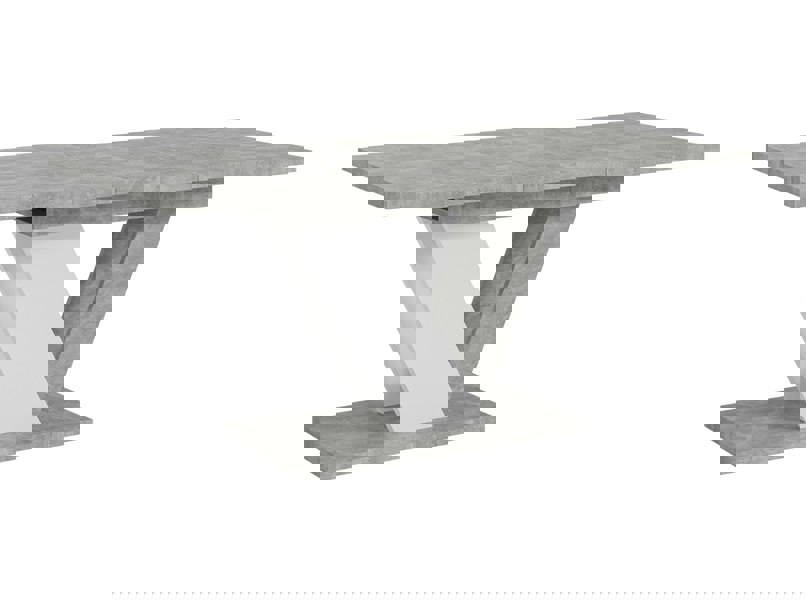 Dining table with gray concrete top and white base on a white background