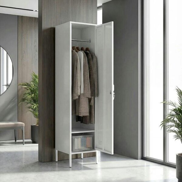 Metal Locker Cabinet with Hanging Rod, Lock and Key, Single Locker Storage Cabinet with Shelf, White - White