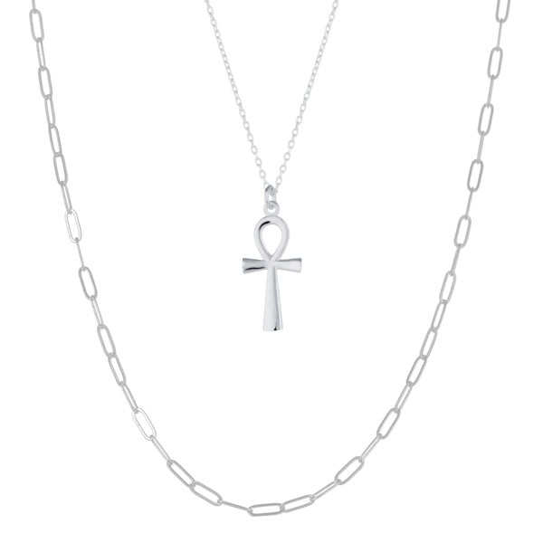 Spero London Sterling Silver Egyptian Ankh and Large Rectangular Chain Stacking Necklace Set