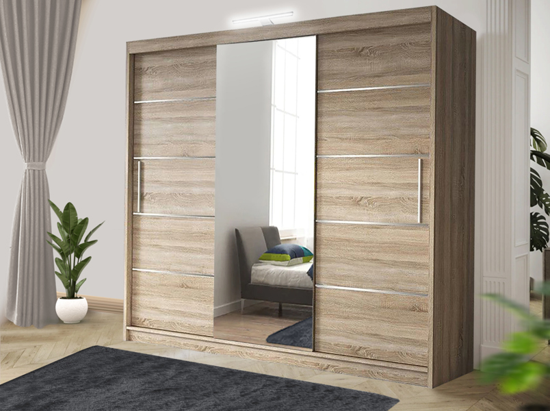 RAC3 Stylish Bedroom Sliding Wardrobe with LED Light -  comes in White/Grey/Black/Oak and Width 120cm/150cm/180cm/203cm/250cm (Black, 150cm)