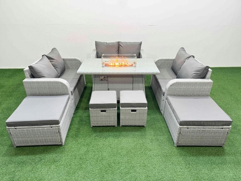 Fimous PE Rattan Lounge Sofa Set 10 Seater Outdoor Garden Furniture Set with Gas Fire Pit Table Love Sofa 2 Big Footstools Light Grey