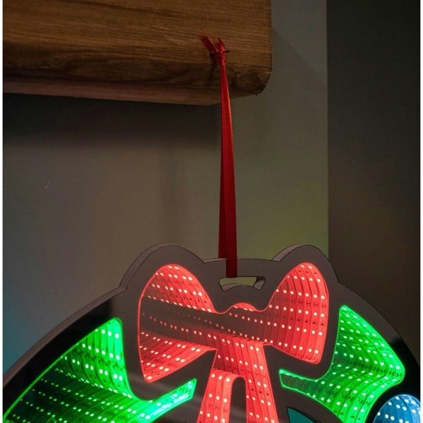 Samuel Alexander 60cm Light up Hanging Christmas Wreath Infinity Mirror with Multi-Coloured LEDs