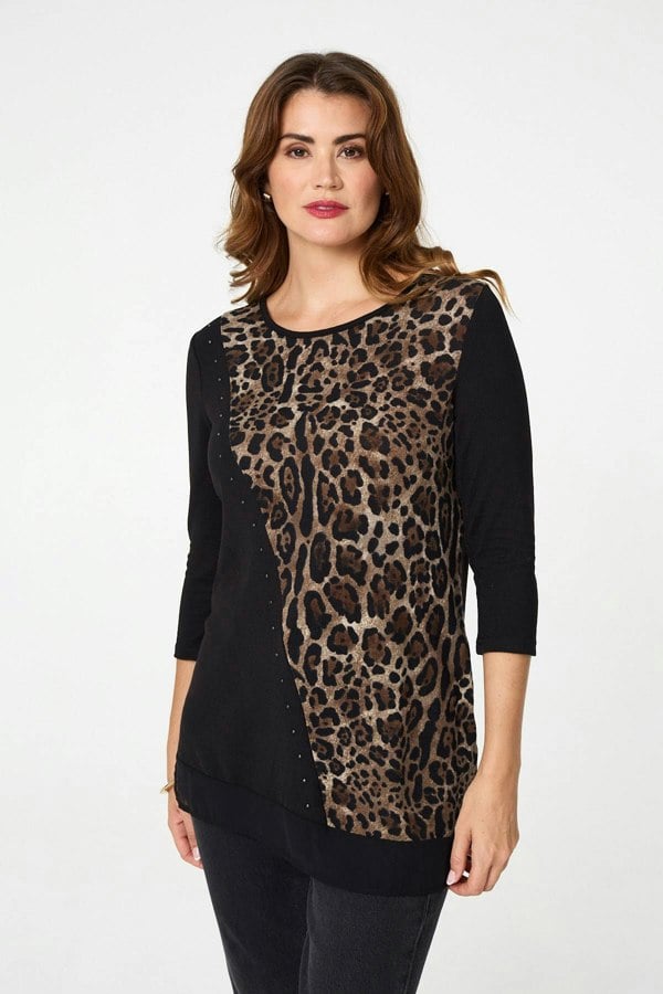 Black | Animal Print Asymmetric Tunic Top
