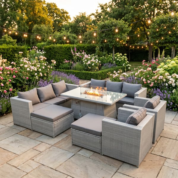 Fimous 10 Seater Rattan Outdoor Garden Furniture Set with Fire Pit Dining Table, 2 Sofas, 2 Chairs & 2 Footstools - Light Grey