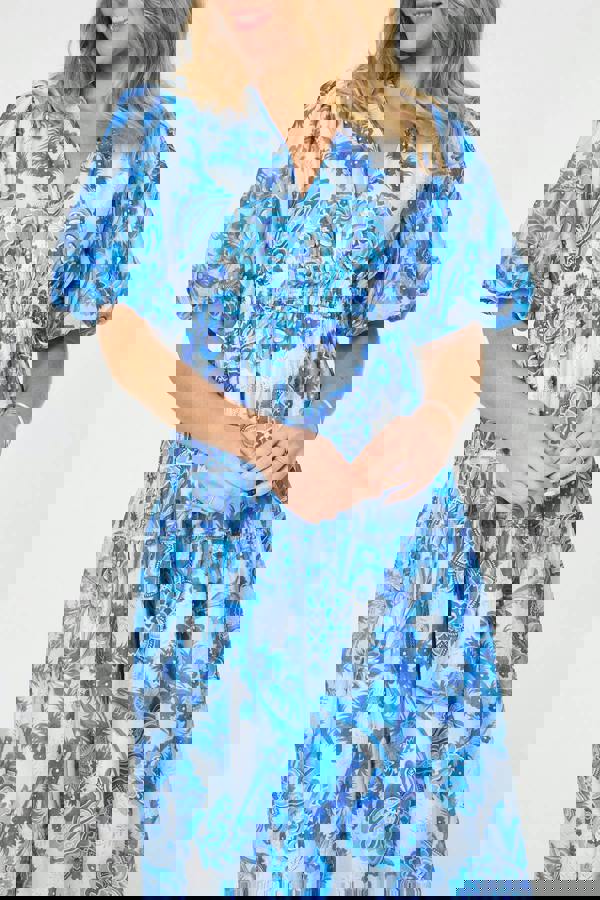 Blue | Floral Tiered Puff Sleeve Midi Dress