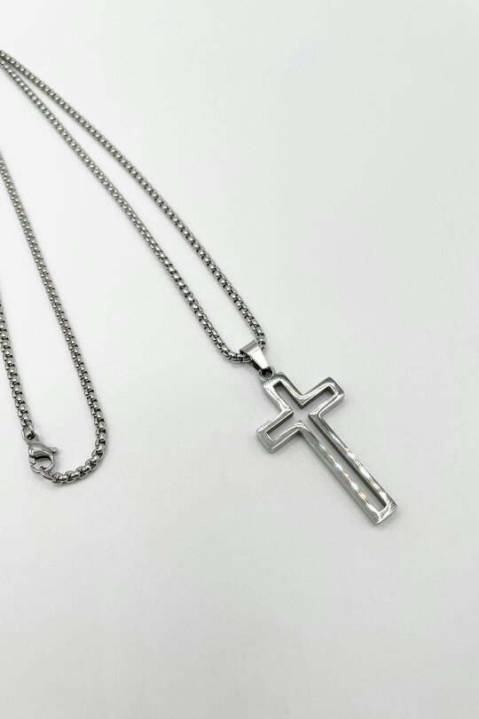 SVNX Hollow Cross Pendant Necklace in Silver