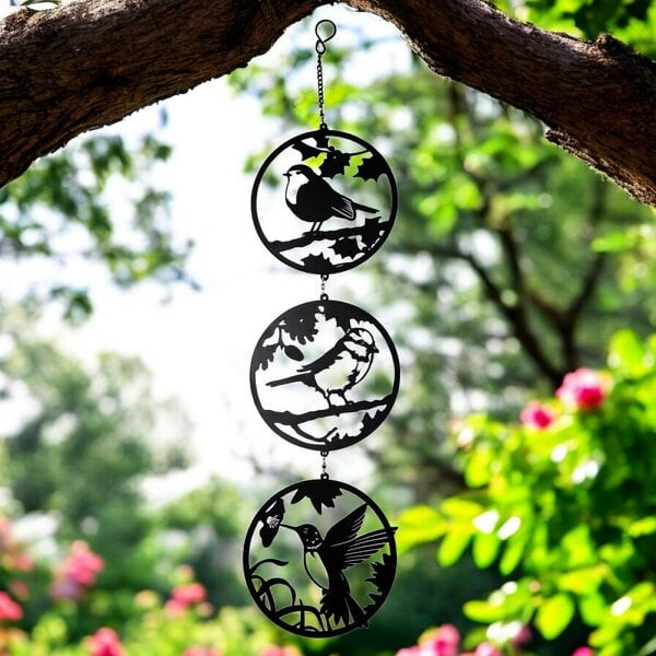 EDH Door Hardware Black Bird Silhouette Hanging Trio Spinner – 60cm x 15cm | Kinetic Metal Wind Spinner for Garden & Home
