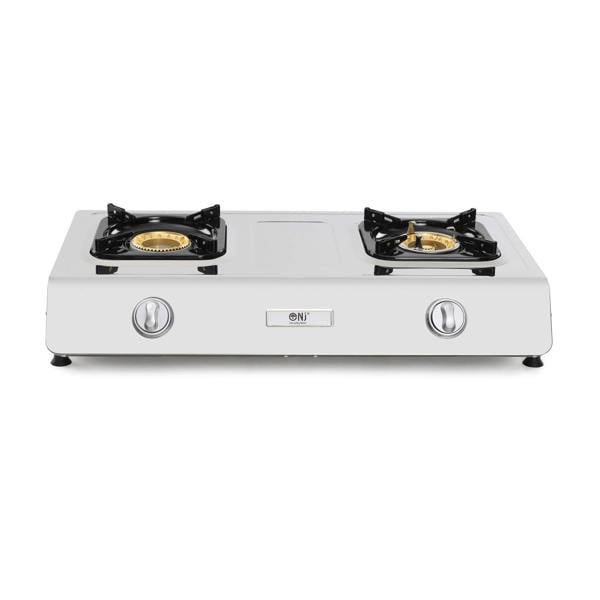Stainless steel gas stove with two burners on a white background