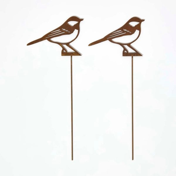 HOMESCAPES Steel Great Tit Garden Stake Decorations, Set of 2