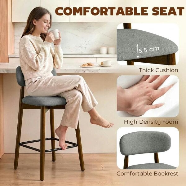 Bar Stools Curved Open Back Padded Seat Footrest Set of 2 for Kitchen Grey