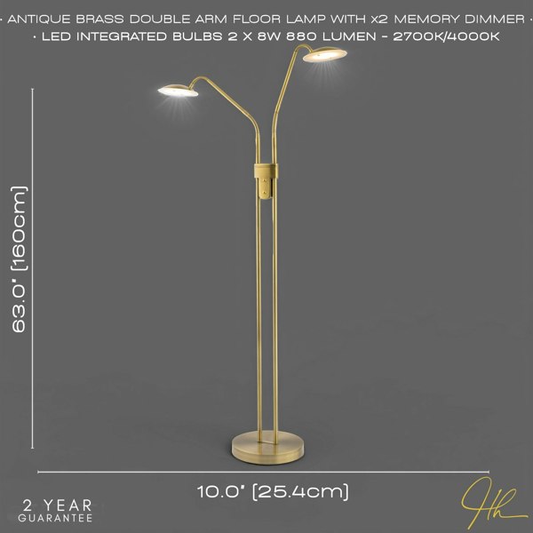 Double Arm Brass Floor Lamp with Dimmer and Colour Control Warm-Cool White Image 6