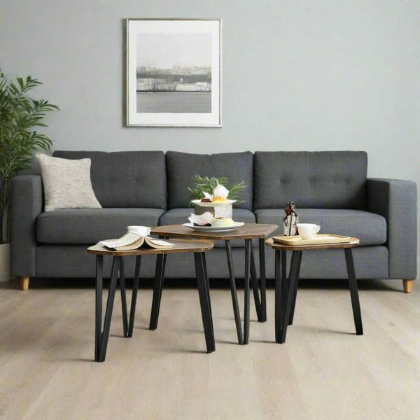 Modcraft Set of 3 Rustic Brown Nesting Coffee Tables with Steel Frames - Industrial Style