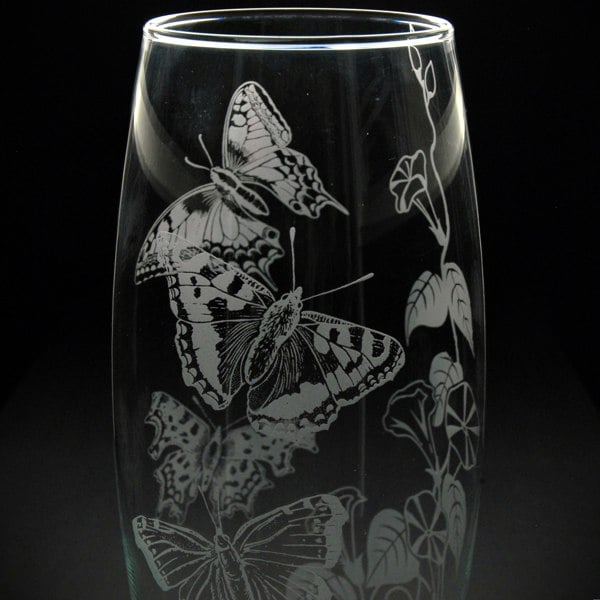 Glyptic Glass Art Convolvulus and Butterfly Glass Botanica Vase - Hand Etched/Engraved Gift