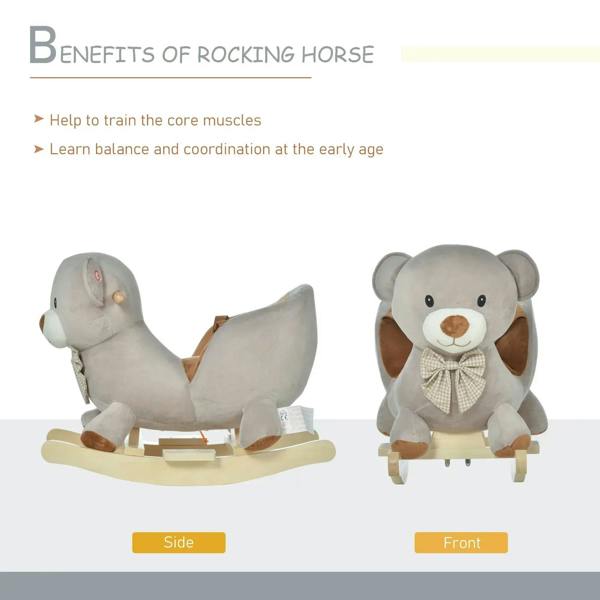 Grey plush bear rocking ride-on toy shown from side and front views