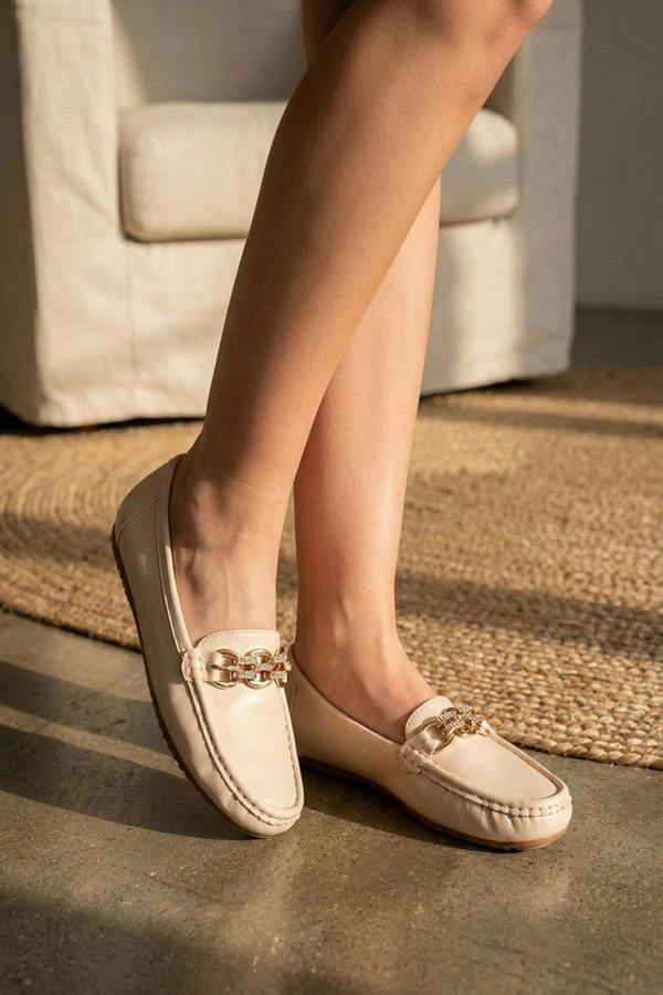 Olivia Womens Rhinestone Chain Loafers - Beige
