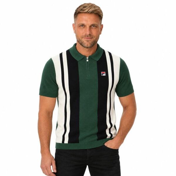 Fila Lazar Knitted Colour Block Zip Polo Shirt Pine Needle/Black/Gardenia