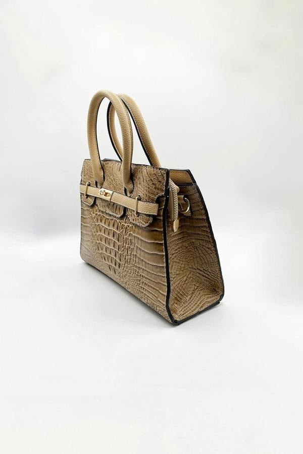 SVNX Crocodile-Print Handbag in Beige