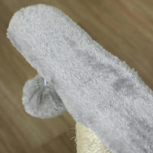 Grey furry top bar with dangling pom-pom ball attached to cat tree