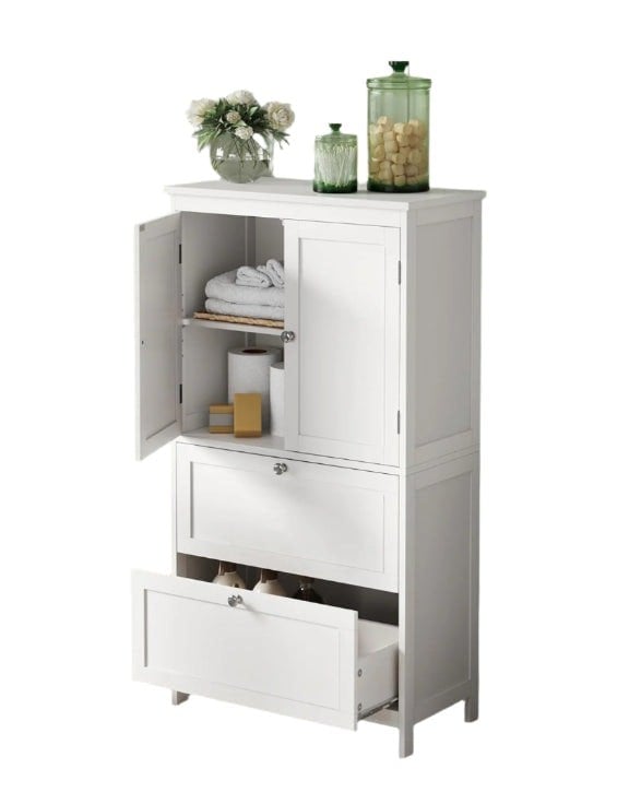 Modcraft White Bathroom Storage Cabinet – Kitchen Cupboard with 2 Drawers, 2 Doors & Adjustable Shelf, 110cm Tall